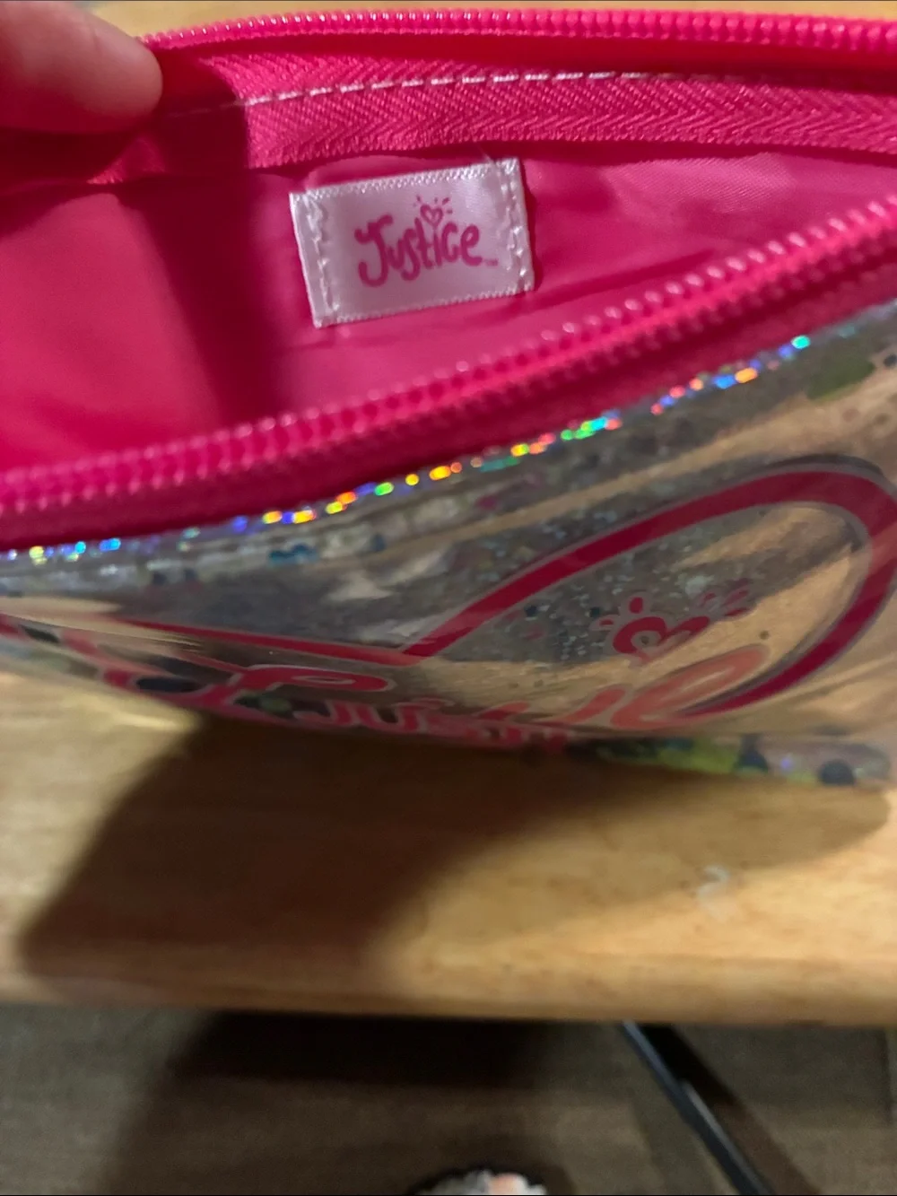 Justice Glitter Sequin Wristlet in Silver with Neon Pink & Multicolor Accents
